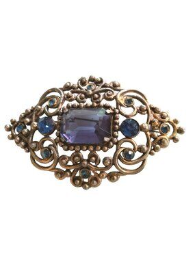 Vintage Gold Tone Brooch Purple Blue Stones Elegant Filigree Regency
